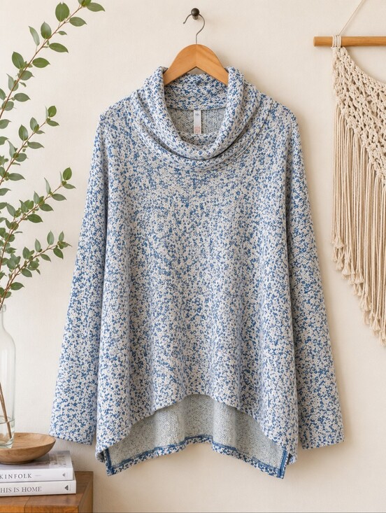 Free People Sweaters - Free People XS/S Blue Speckled Cowl Neck Oversized Cozy Sweater